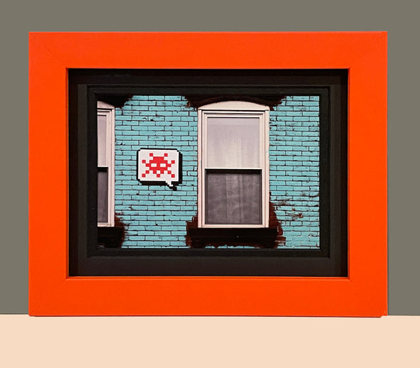 Invader - 'Invader Postcard' (Speech Bubble on Blue Wall)